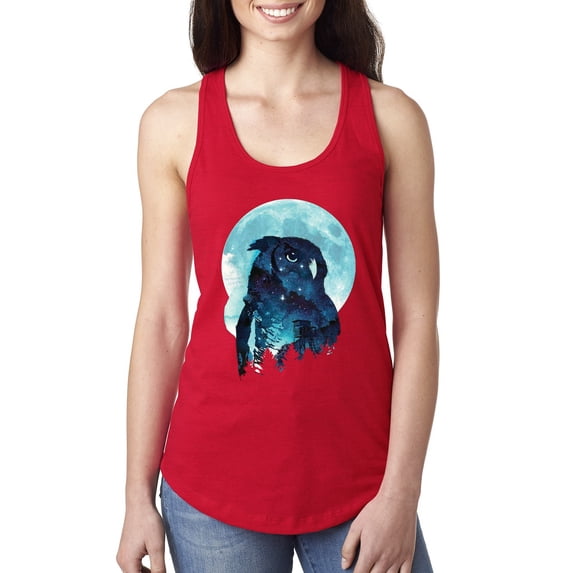 Creepy Winter Beach Night Owl Fashion Ladies Racerback Tank Top, Red, X-Large
