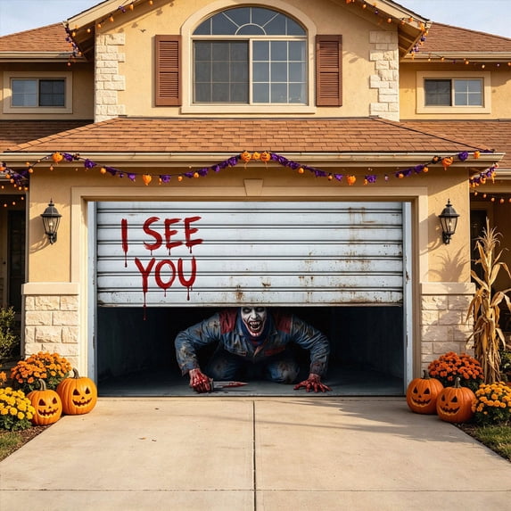 Creepy Zombie Climber I See You Text Halloween Garage Door Banner Large Outdoor House Exterior Decoration