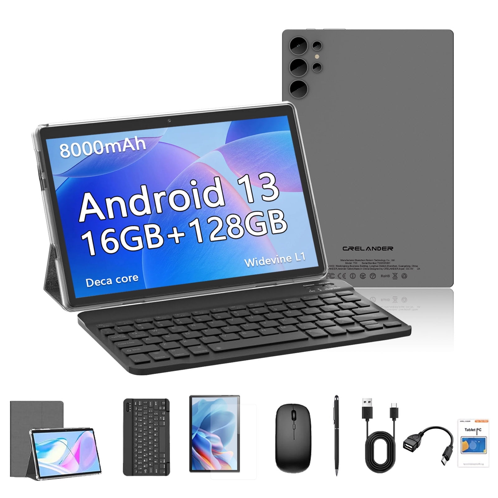 Crelander 10.1" Android 13 Tablet with Case, Deca Core Tablet with 16GB+128GB/1 TB Expansion, WiFi 6, 5MP+8MP Camera, 8000mAh, Split-Screen,Gray+Keyboard & Mouse Set, Grey