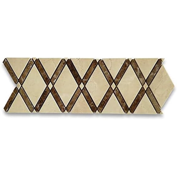Crema Marfil Marble Lattice Diamond Mosaic Border Listello Tile w/Emperador Dark Brown Polished Kitchen Bath Wall Floor Backsplash Shower (1 Sheet)$$Tools & Hardware Other