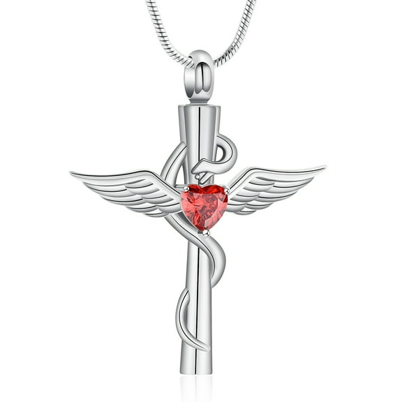 Cremation Jewelry Angel Wing Cross Heart Urn Necklace for Ashes for Women Snake Cross Pendant with Birthstone Keepsake for Loved One Ash Holder