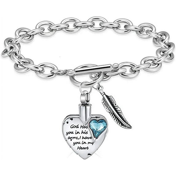 Cremation Jewelry Angel Wing Heart Urn Bracelet for Ashes for Women With Birthstone Heart Link Bracelet Keepsake Memorial Pendant for Family/mom/sister/grandparents