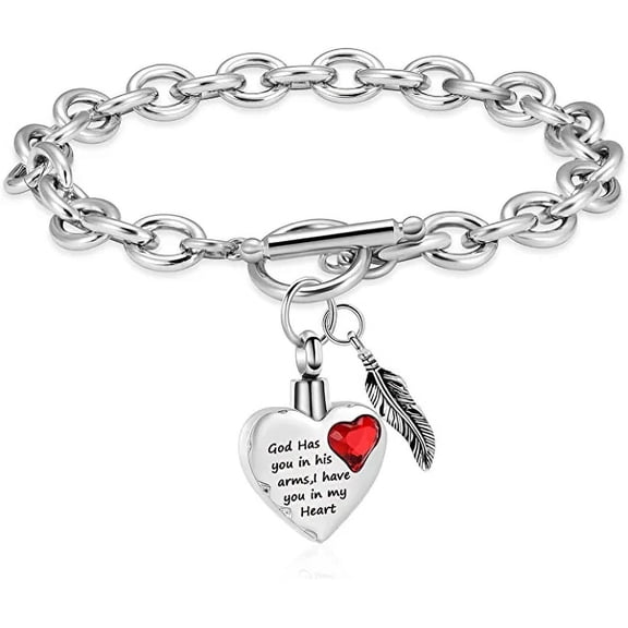 Cremation Jewelry Angel Wing Heart Urn Bracelet for Ashes for Women With Birthstone Heart Link Bracelet Keepsake Memorial Pendant for Family/mom/sister/grandparents