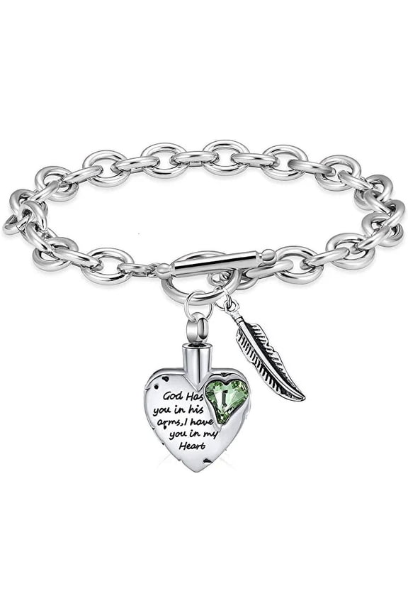 Cremation Jewelry Angel Wing Heart Urn Bracelet for Ashes for Women With Birthstone Heart Link Bracelet Keepsake Memorial Pendant for Family/mom/sister/grandparents