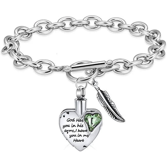 Cremation Jewelry Angel Wing Heart Urn Bracelet for Ashes for Women With Birthstone Heart Link Bracelet Keepsake Memorial Pendant for Family/mom/sister/grandparents