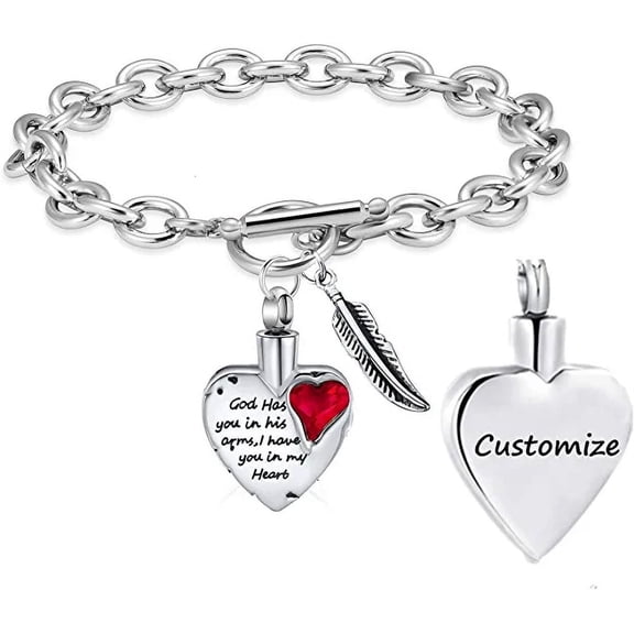 Cremation Jewelry Angel Wing Heart Urn Bracelet for Ashes for Women With Birthstone Heart Link Bracelet Keepsake Memorial Pendant for Family/mom/sister/grandparents