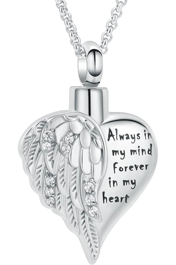 Cremation Jewelry Angel Wing Heart Urn Necklaces for Ashes for Women Men Memorial Lockets Pendant Engraved Always in my Mind Forever in my Heart