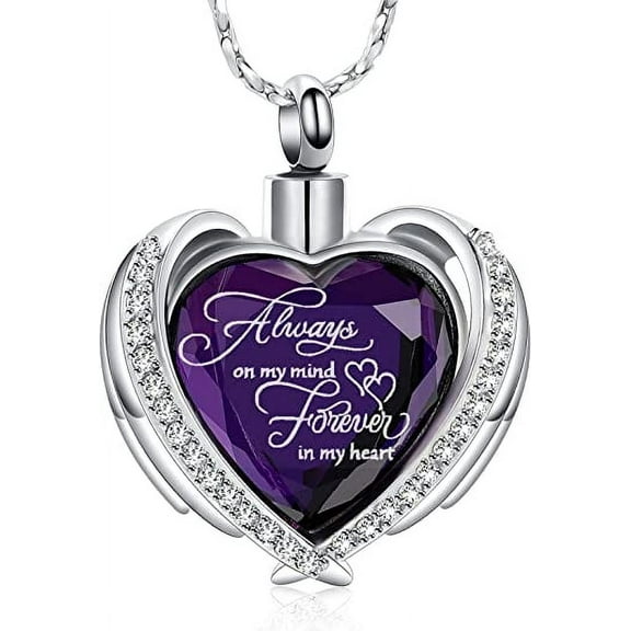 Cremation Jewelry Angel Wing Heart Urn Pendant Necklaces for Women Crystal Birthstone Urns for Human Ashes Memorial Locket Keepsake Ashes Jewelry