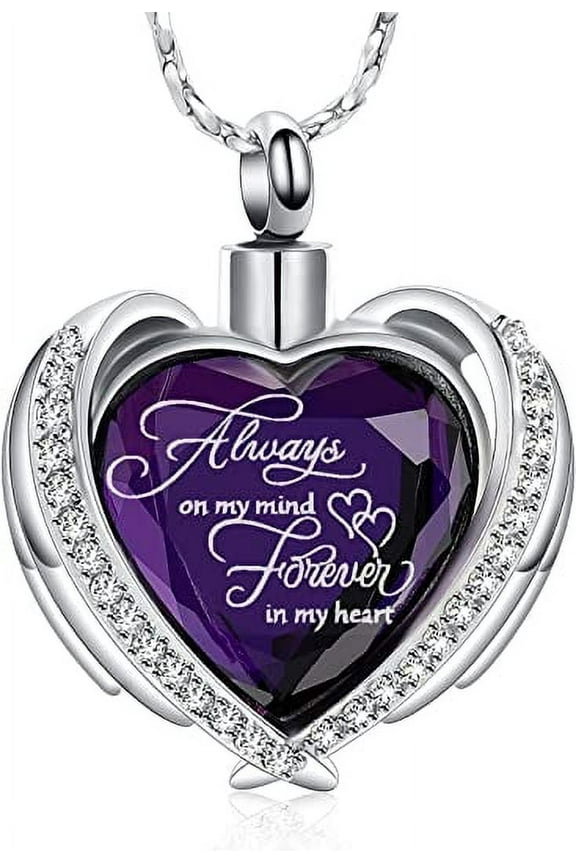 Cremation Jewelry Angel Wing Heart Urn Pendant Necklaces for Women Crystal Birthstone Urns for Human Ashes Memorial Locket Keepsake Ashes Jewelry