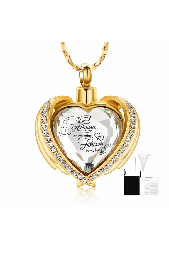 Cremation Jewelry Angel Wing Heart Urn Pendant Necklaces for Women Crystal Birthstone Urns for Human Ashes Memorial Locket Keepsake Ashes Jewelry