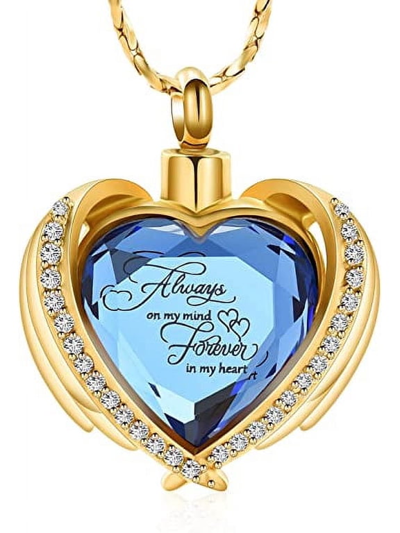 Cremation Jewelry Angel Wing Heart Urn Pendant Necklaces for Women Crystal Birthstone Urns for Human Ashes Memorial Locket Keepsake Ashes Jewelry