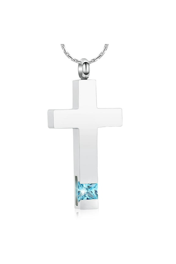Cremation Jewelry Cross Urn Necklace for Ashes for Women Men Religious Cross with Cube Birthstones Keepsake Memories Crucifix Urn Pendant for Human Pet Ashes