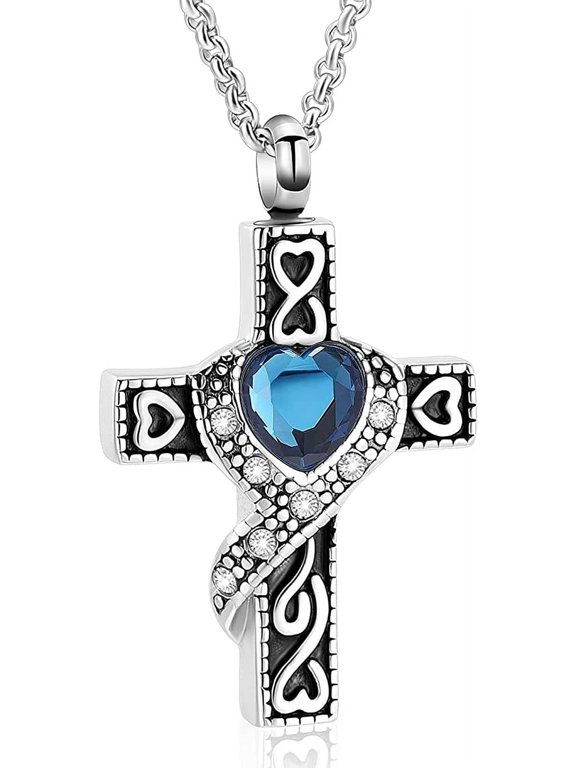 Cremation Jewelry Cross Urn Necklaces for Ashes for Women for Men, Retro Cross Keepsake Urn Memorial Necklace Pendant with Heart Shape Crystal