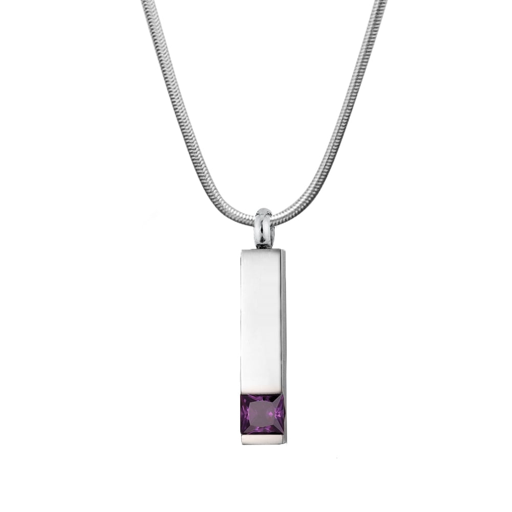 Cremation Jewelry Memorial Birthstone Bar Necklace Handcrafted Waterproof Human Ashes Urn Container with Free Funnel Kit and Velvet Jewelry Box [February]