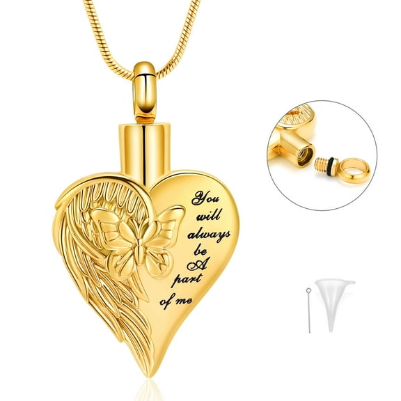 Cremation Jewelry Wing Heart Urn Necklace for Ashes with Butterfly Stainless Steel Heart Memorial Necklaces Keepsakes Jewelry Ashes Holder for Human Pets with Filler Tool