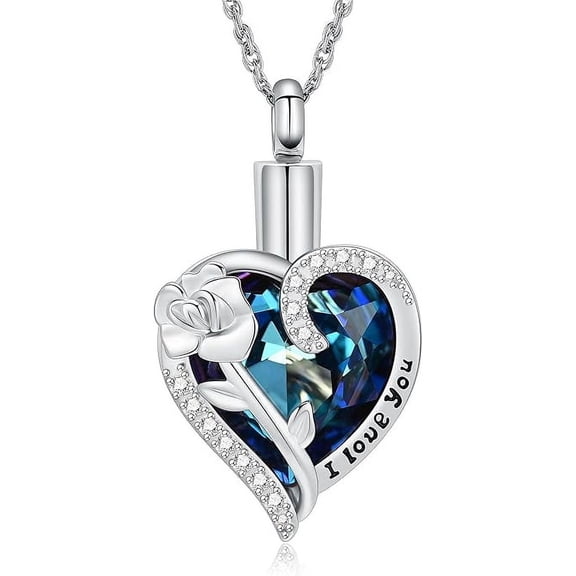 Cremation Jewelry for Ashes Rose Flower Urn Necklace with Crystal Heart Ashes Pendant Necklaces for Women Men Memorial Keepsake Jewelry Gift