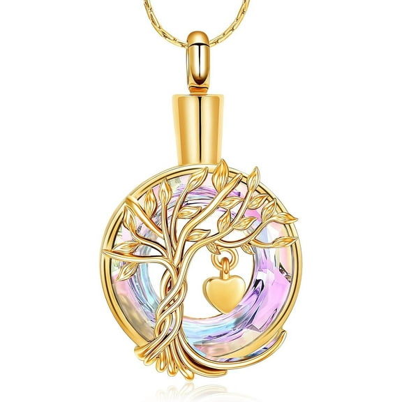Cremation Jewelry for Ashes Stainless Steel Tree of Life Urn Necklace with Small Heart Crystal Circle Memorial Pendant Keepsake Gift for Women Men