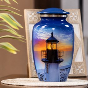 Cremation Sticker Urn for Adult Human Ashes &ndash; Lighthouse Design Sky Blue Multi Metal Memorial Urn, Secure Closure, 10 x 6 Inch