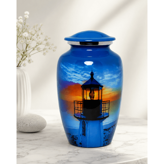 Cremation Sticker Urn for Adult Human Ashes – Lighthouse Design Sky Blue Multi Metal Memorial Urn, Secure Closure, 10 x 6 Inch