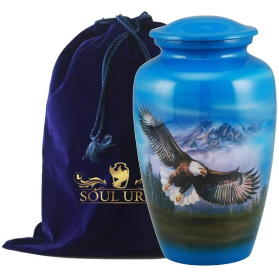 Cremation Urn for Adult Ashes- Handcrafted Blue Flying Eagle Urn for Human Ashes- Large Urn Container for Men & Women- Decorative Cremation Funeral Burial Urn Vase with Velvet Bag