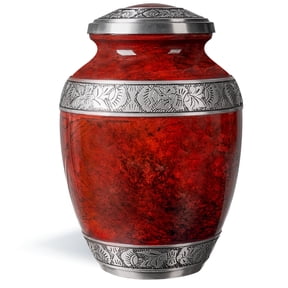 Cremation Urn for Adult Human Ashes -Hand Engraved Name Large Handcrafted Funeral Memorial with Striking Red Design (Aluminum - 10 Inch Height x 7 Inch Width)