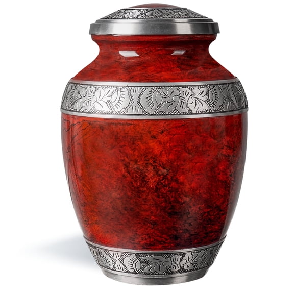 Cremation Urn for Adult Human Ashes -Hand Engraved Name Large Handcrafted Funeral Memorial with Striking Red Design (Aluminum - 10 Inch Height x 7 Inch Width)
