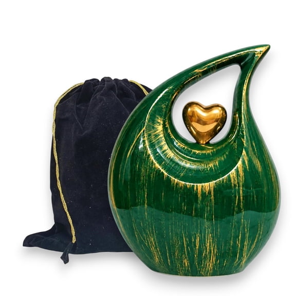 Cremation Urn for Human Ashes Adult  Green Golden Teardrop Memorial Urn 200 Cu In, Aluminum Funeral Urns for Burial Scattering Columbarium, Keepsake Earns with Velvet Bag