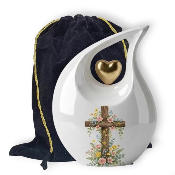 Cremation Urn for Human Ashes Adult Teardrop Shape High-Gloss White Aluminum with Golden Heart, Rustic Cross & Watercolor Floral Artisan Decor, Includes Black Velvet Bag, 1075.5 In, 4.41 lbs, Per