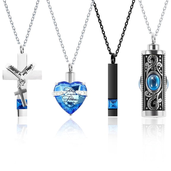 Cremation Urn Necklace, 4Pcs Urn Necklace for Ashes Keepsake Cremation Jewelry Vertical Bar Zircon Crystal Urn Necklace Urn Stainless Steel Memorial Pendant for Women Men Loved Ones Pet