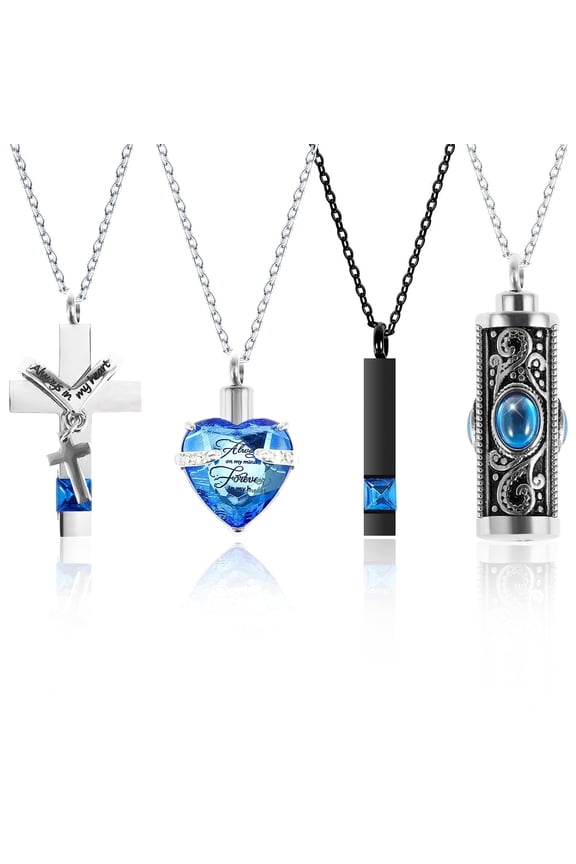 Cremation Urn Necklace, 4Pcs Urn Necklace for Ashes Keepsake Cremation Jewelry Vertical Bar Zircon Crystal Urn Necklace Urn Stainless Steel Memorial Pendant for Women Men Loved Ones Pet