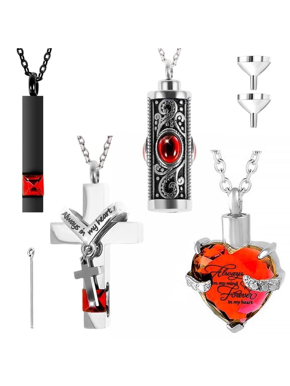 4PCS Cremation Urn Necklace for Ashes, Stainless Steel Memorial Keepsake Jewelry, Heart Cross Cubic Urn Jewelry for Loved One or Pet Women Men Family Sharing
