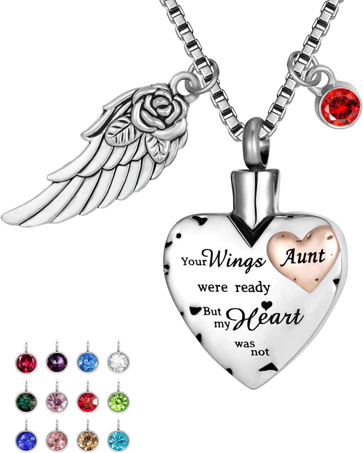 Cremation Urn Necklace With Angel Wings & 12 Birthstones - Heart Memorial Keepsake Pendant For Ashes