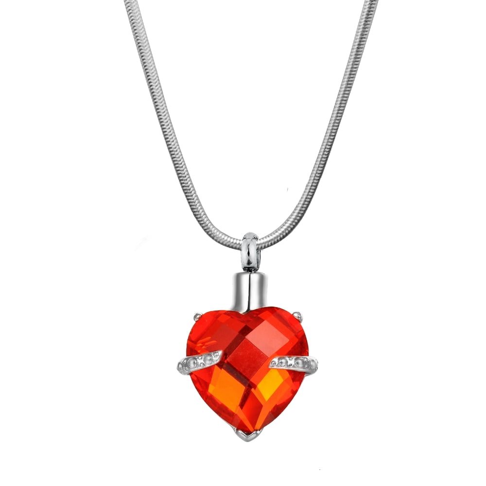 Cremation Urn Necklace For Human Ashes Urn Necklace With Birthstone Crystal Heart Memorial Jewelry with Free Funnel Kit and Velvet Jewelry Box (July)