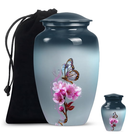Cremation Urn Set – Blue Butterfly and Pink Flower Large 10-Inch Funeral Urn for Ashes Adult Male with Matching 3-Inch Keepsake – Ash Container for Women (10" 1 Pc, 3" 1 Pc)