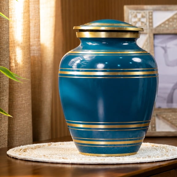 Cremation Urn for Adult Human Ashes – Classic Thread Design Midnight Blue Gold Metal Memorial Urn, Secure Closure, 9 x 7 Inch