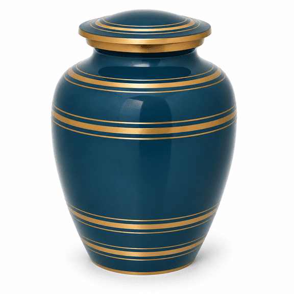 Cremation Urn for Adult Human Ashes – Classic Thread Design Midnight Blue Gold Metal Memorial Urn, Secure Closure, 9 x 7 Inch