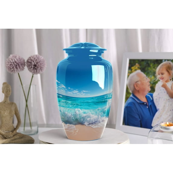 Cremation Urn for Dad or Ocean Lover – Clear Blue Sky and Wave Memorial Ashes Container – Beach Tribute for Peaceful Souls – 10" Large