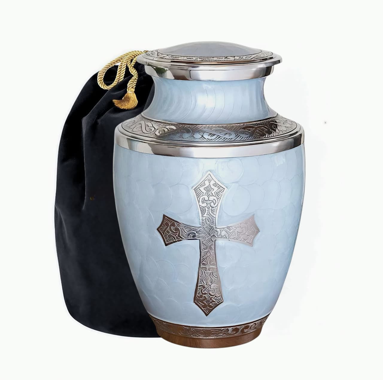 Cremation Urn for Human Ashes, Adult Sized Handmade Aluminium Urn with Cross Engraving, 200 Cubic Inches