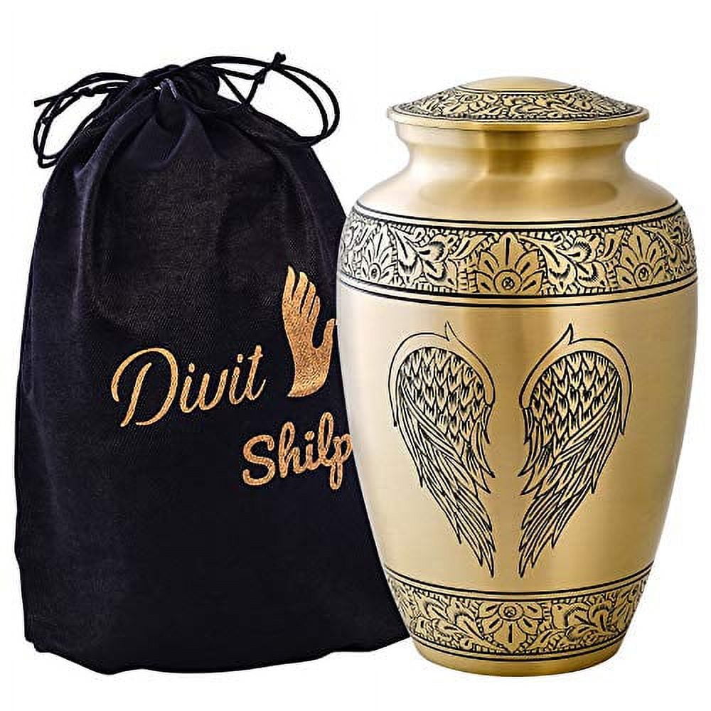 Golden Polished Metal Cremation Urn with Angel Wings