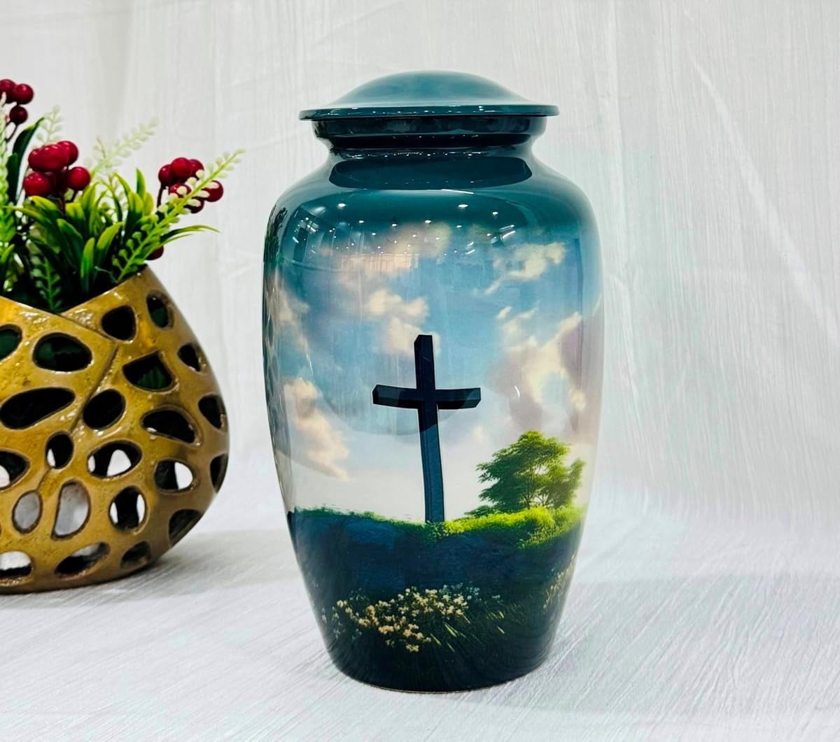 Cremation Urns for Human Ashes Adult Man or Women, Urn for Ashes Adult Male or Female, Religion Cross, Funeral Decorative Urn for Burial, Religious Crosses, Blue - Large Full Size