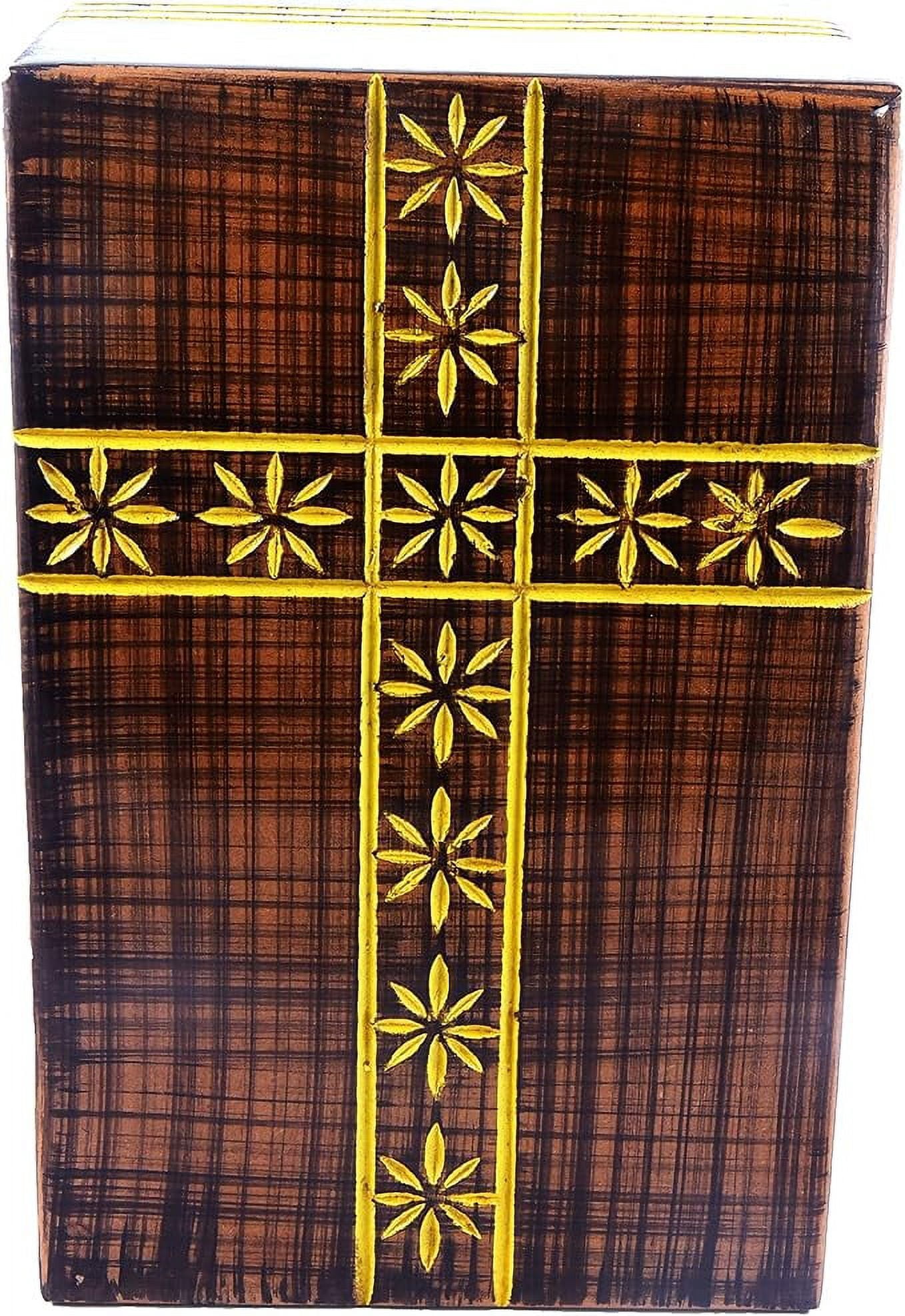Cremation urn for ashes of and adult with beautiful original wood Cross Carving | Handcrafted Large Wooden Urn Box With Free Velvet Bag | Pet And Animal Love Memory Storage Gift Decor