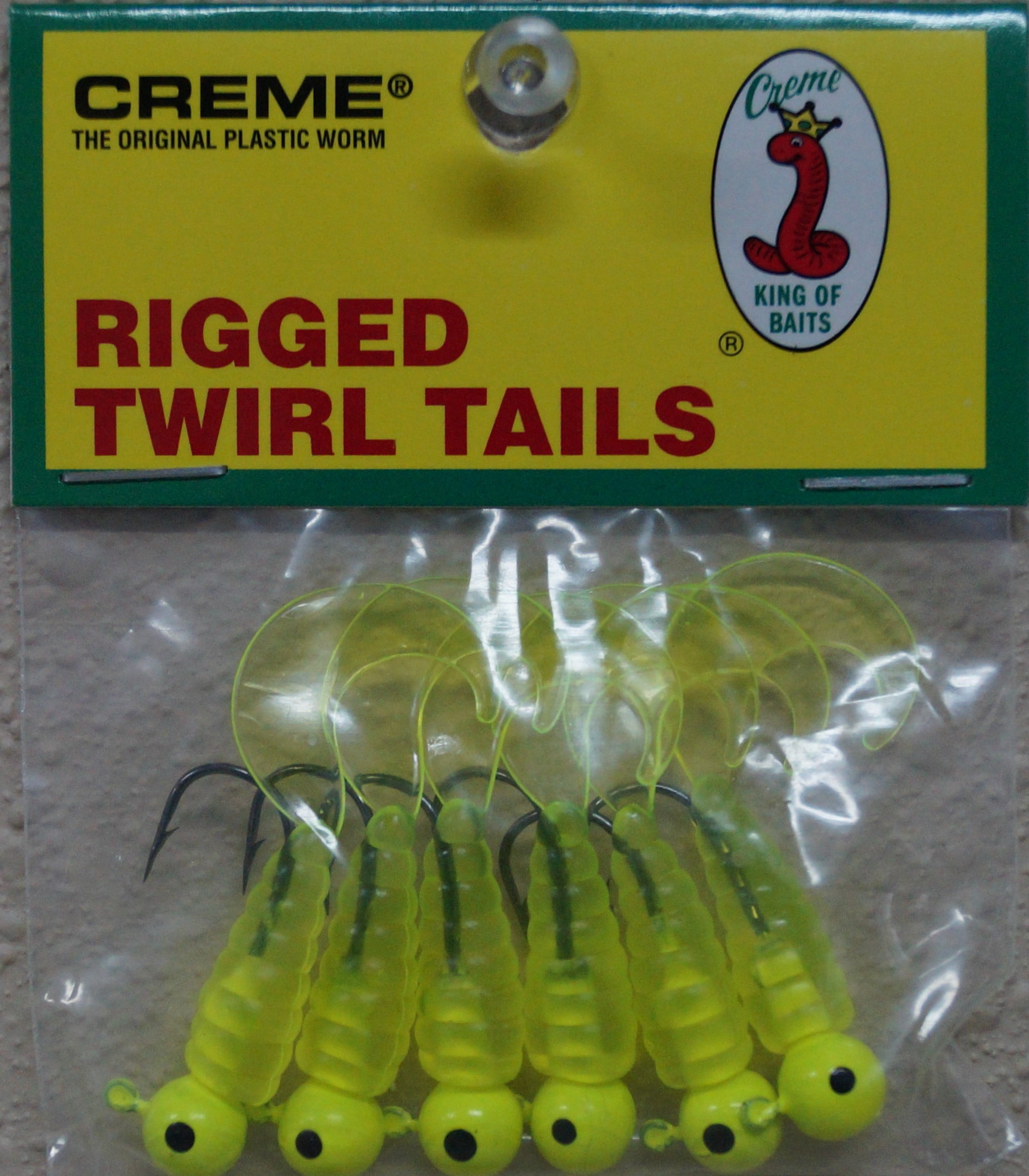 Creme 2" Rigged Twirl Tail  Style Fishing Lure. Chartreuse  Color Curl Tail Grub. 6 Per Pack.  Pre Rigged Grub Lure.