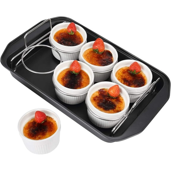 Creme Brulee Making Set - 6 Porcelain Ramekins 6 oz, 304 Stainless Steel Lifting Rack, 9" X 13" Bottom Pan