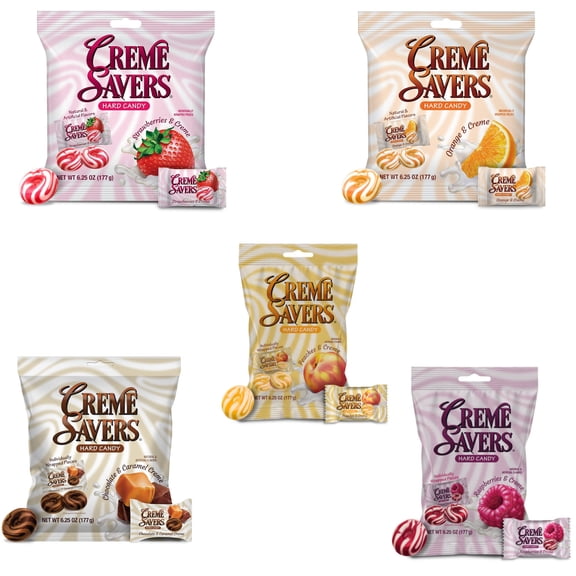 Creme Savers | 5-Pack Variety Bundle (6.25 oz Bags) | Strawberry, Orange, Chocolate-Caramel, Peaches, & Raspberries