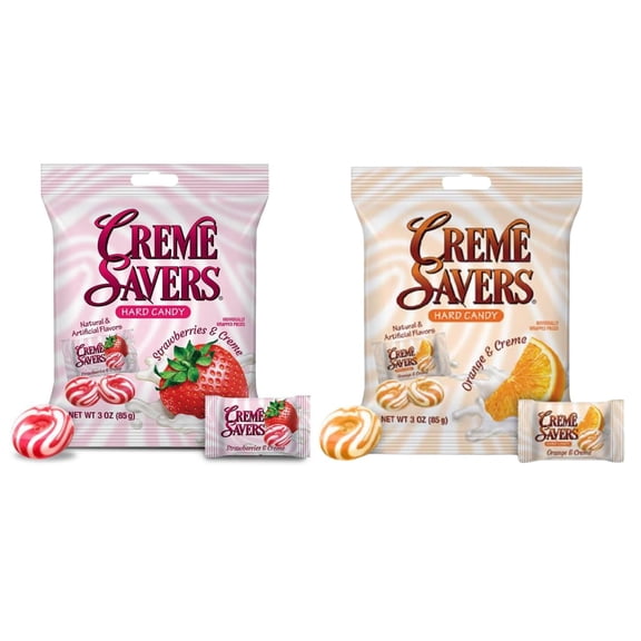 Creme Savers Classic old-fashioned Hard Candy, Variety Pack, 1 Pack of Strawberry and 1 Pack of Orange Cream Flavors, 3 oz X 2 Bag Value Pack Individually Wrapped Candies