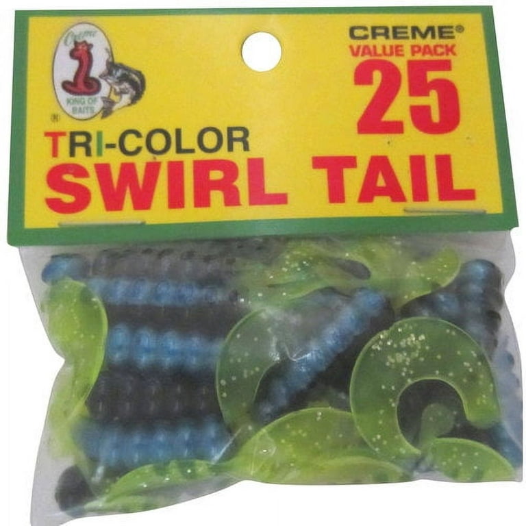Creme Tri-Color Swirl Tail Grub Lure, Black, Blue, & Chartreuse, 25 Count