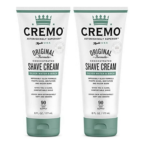 Cremo Barber Grade Silver Water & Birch Shave Cream, Astonishingly Superior Ultra-Slick Shaving Cream Fights Nicks, Cuts And Razor Burn, 6 Fl Oz (Pack of 2)