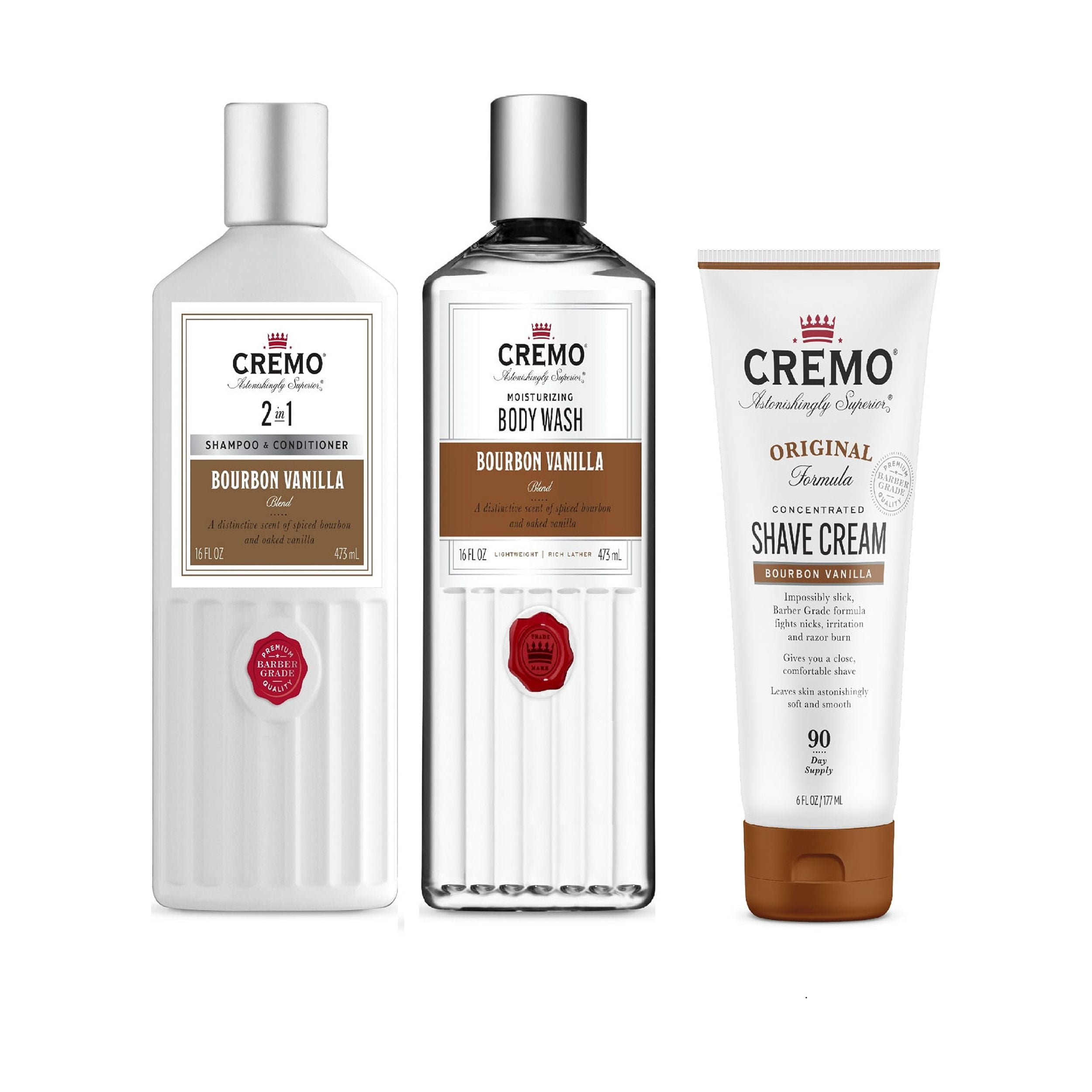 Cremo Bourbon Vanilla Body Wash, 2in1 Shampoo/Conditioner & Shave Cream Set, 16oz/16oz/6oz