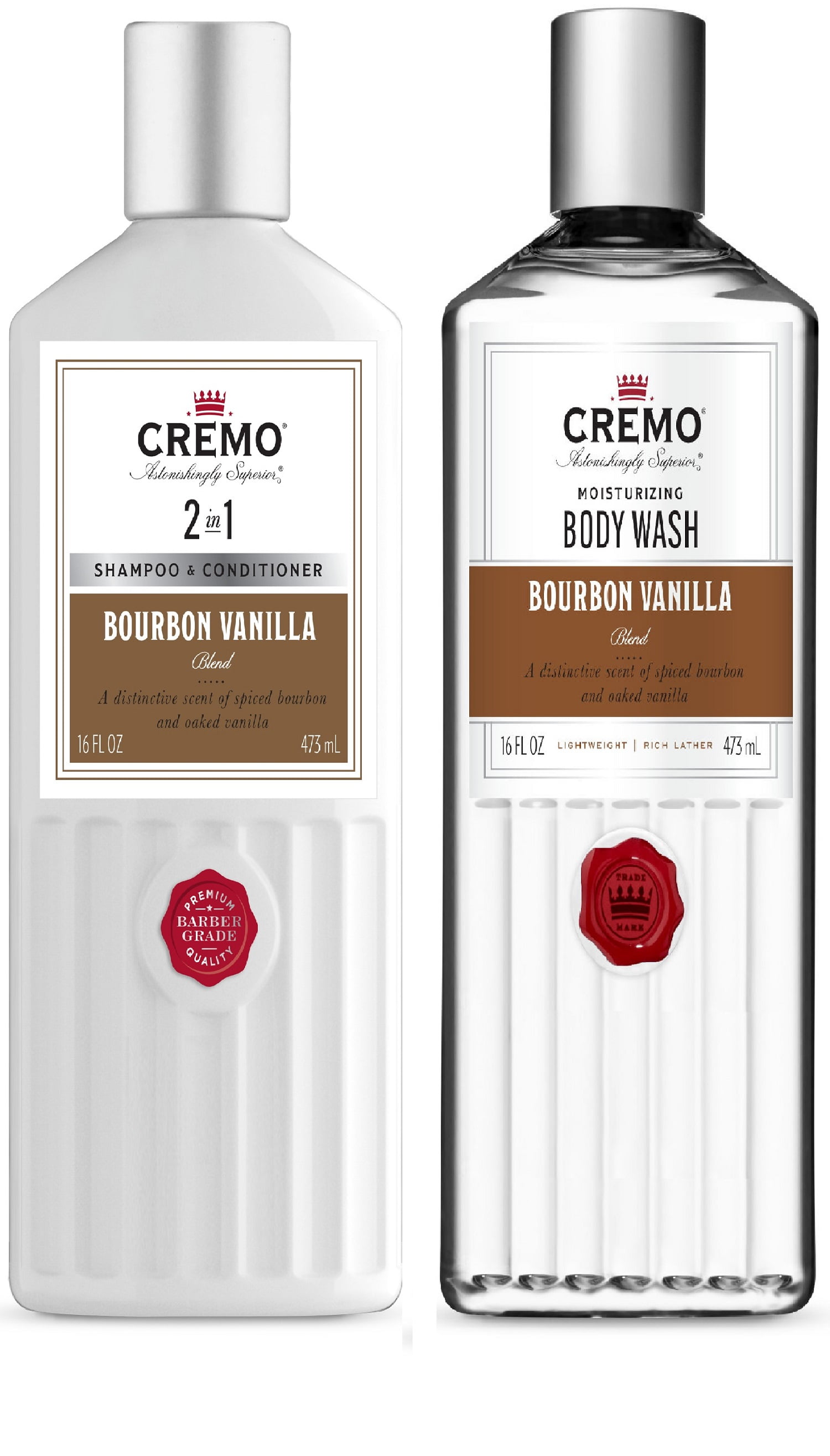 Cremo Bourbon Vanilla Set Moisturizing Body Wash and 2in1 Shampoo/Conditioner, Each 16oz