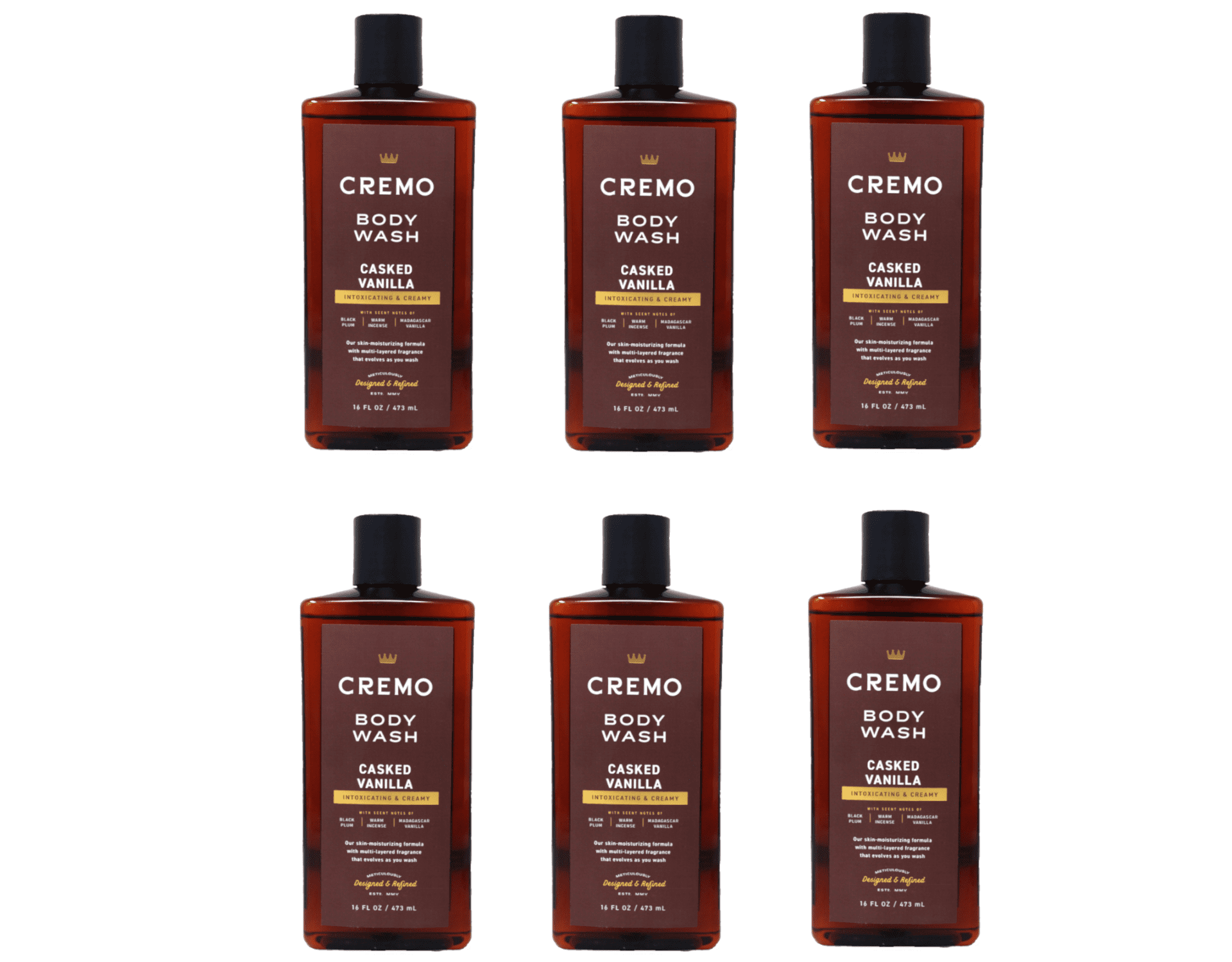 Cremo Casked Vanilla Body Wash for Men, Rich-Lathering Shower Gel, Black Plum, Warm Incense & Madagascar Vanilla Scent, 16 fl oz Pack of 6